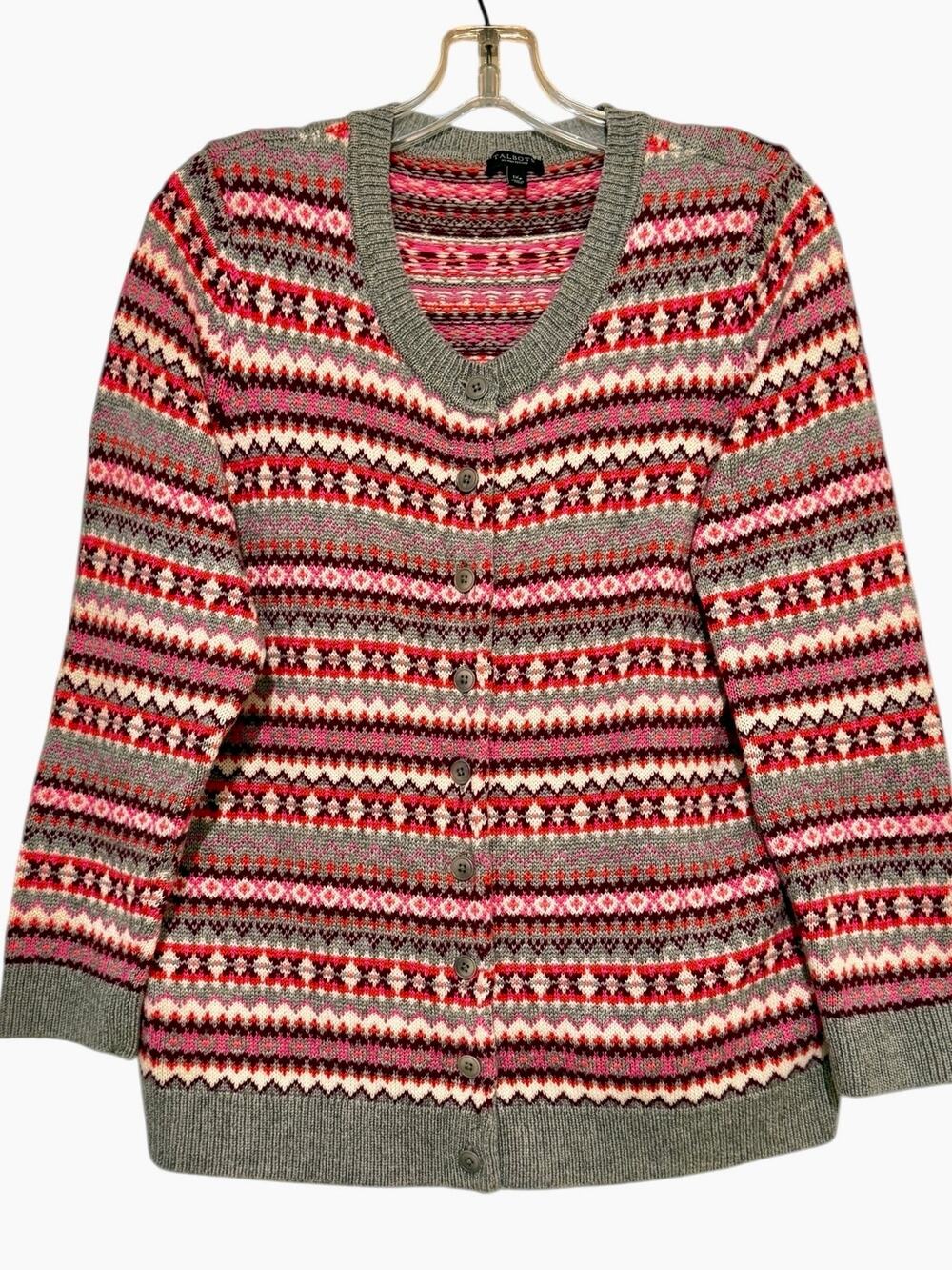 Talbots 1X P Lambswool Fair Isle Button Cardigan Sweater Pink Gray Red Preppy